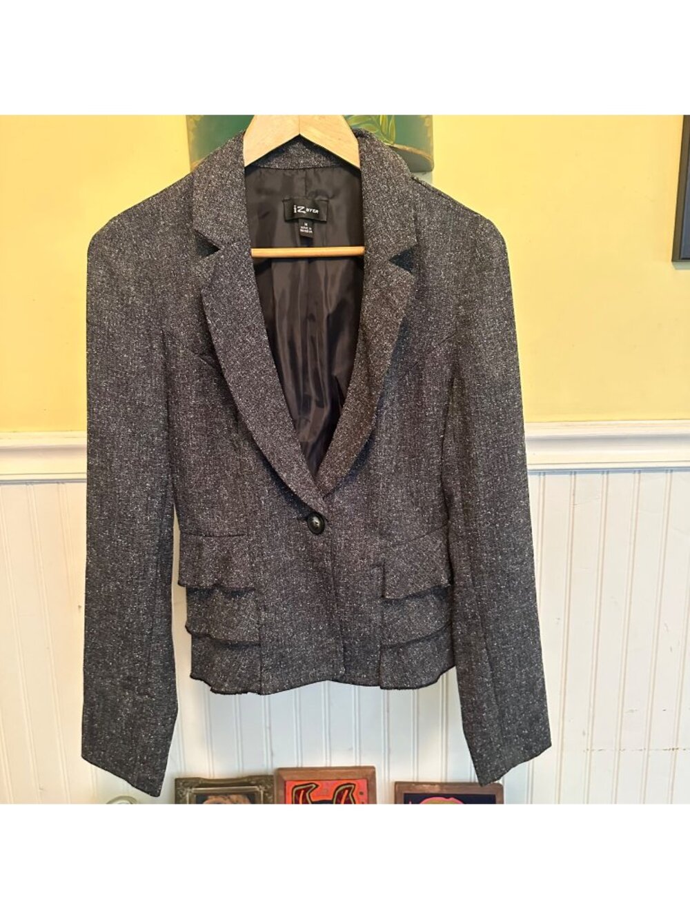 IZ Beyer Vintage y2k Womens Tweed Blazer Jacket Button Front & Ruffle M